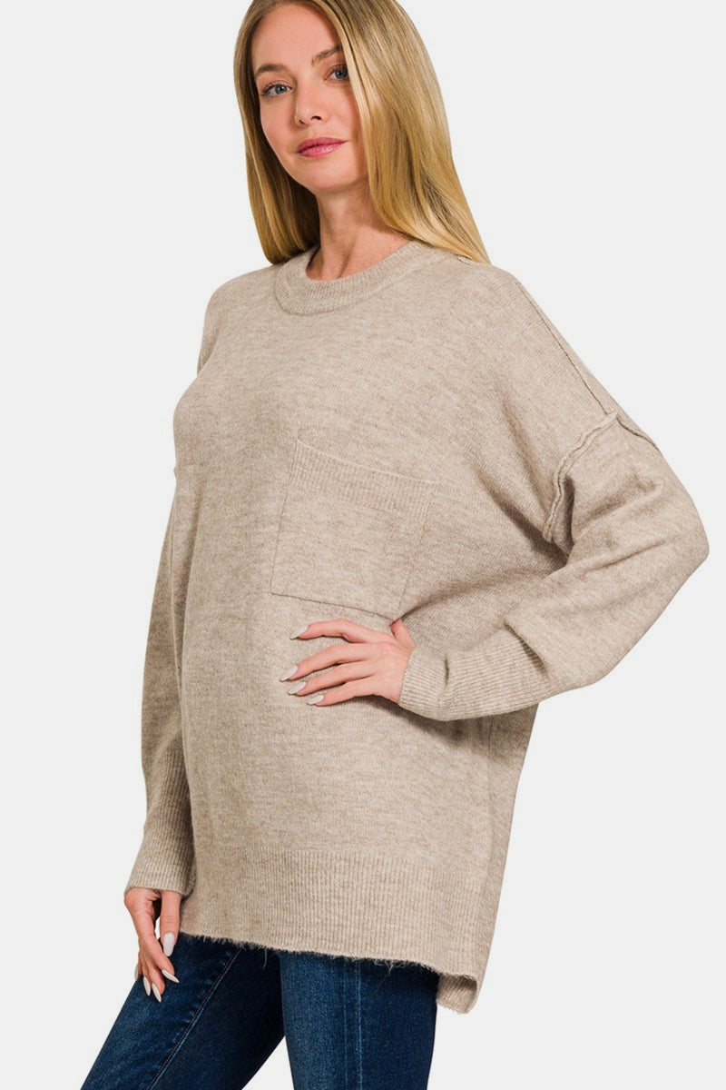 High-Low Hem Drop Shoulder Melange Sweater - Heather Mocha