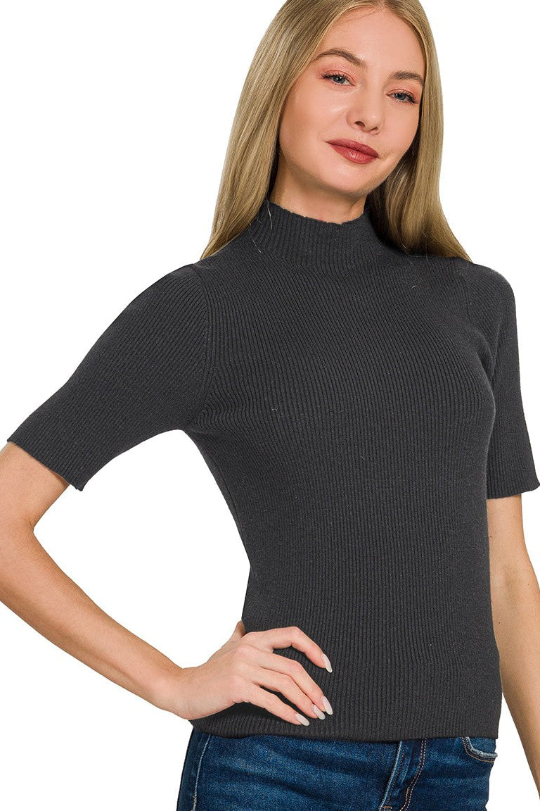Zenana Viscose Ribbed Mock Neck Sweater Knit Top in Black
