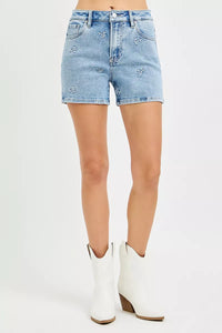 Risen High Rise Floral Embroidered Denim Shorts RDS6460