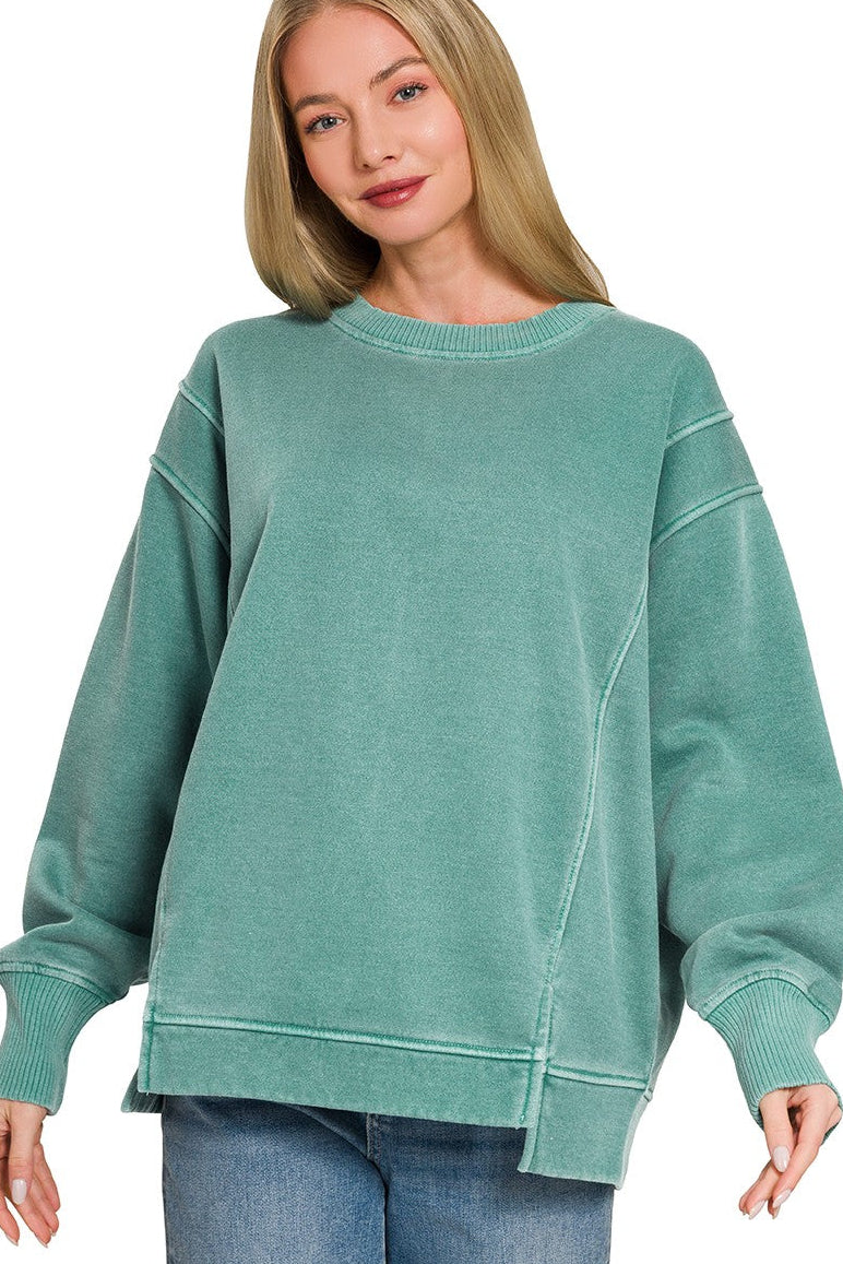 Zenana Pigment Dye Exposed-Seam Fleece Sweatshirt in Teal