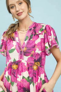 Umgee Pink Tropical Floral Flutter Sleeve Tiered Midi Dress