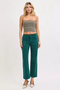 Risen High Rise Ankle Flare Patch Pocket Jeans in Hunter Green