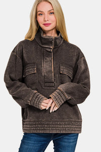 Zenana Acid Washed Half Snap Fleece Sweatshirt in Ash Black