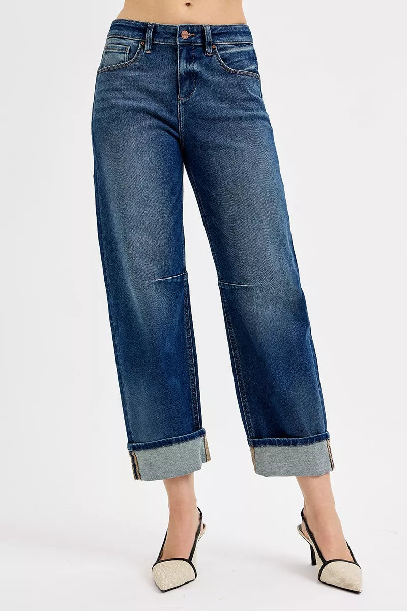 Risen Mid Rise Slouchy Crop Barrel Cuffed Jeans