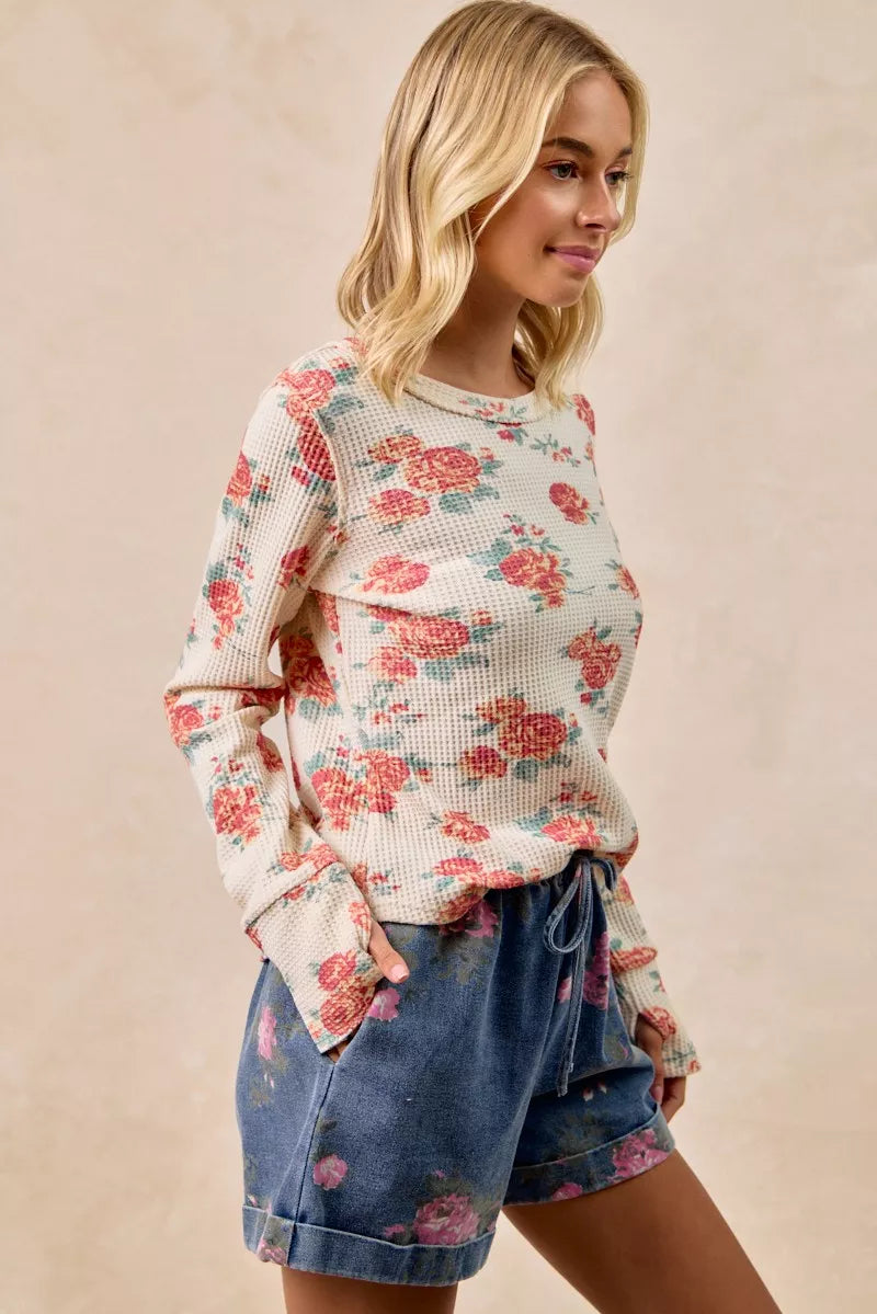 Bibi Floral Print Washed Waffle Knit Thermal Top