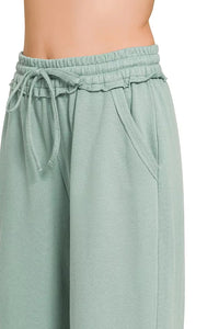 Zenana Exposed Seam French Terry Wide Leg Sweatpants - Ash Blue