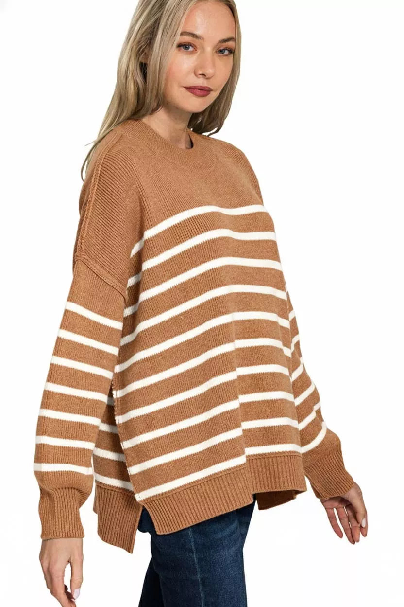 Zenana Exposed Seam Striped Oversized Sweater in Deep Camel