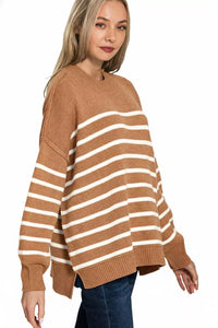 Zenana Exposed Seam Striped Oversized Sweater in Deep Camel