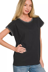 Zenana Contrast Stitch Detail Short Sleeve Top