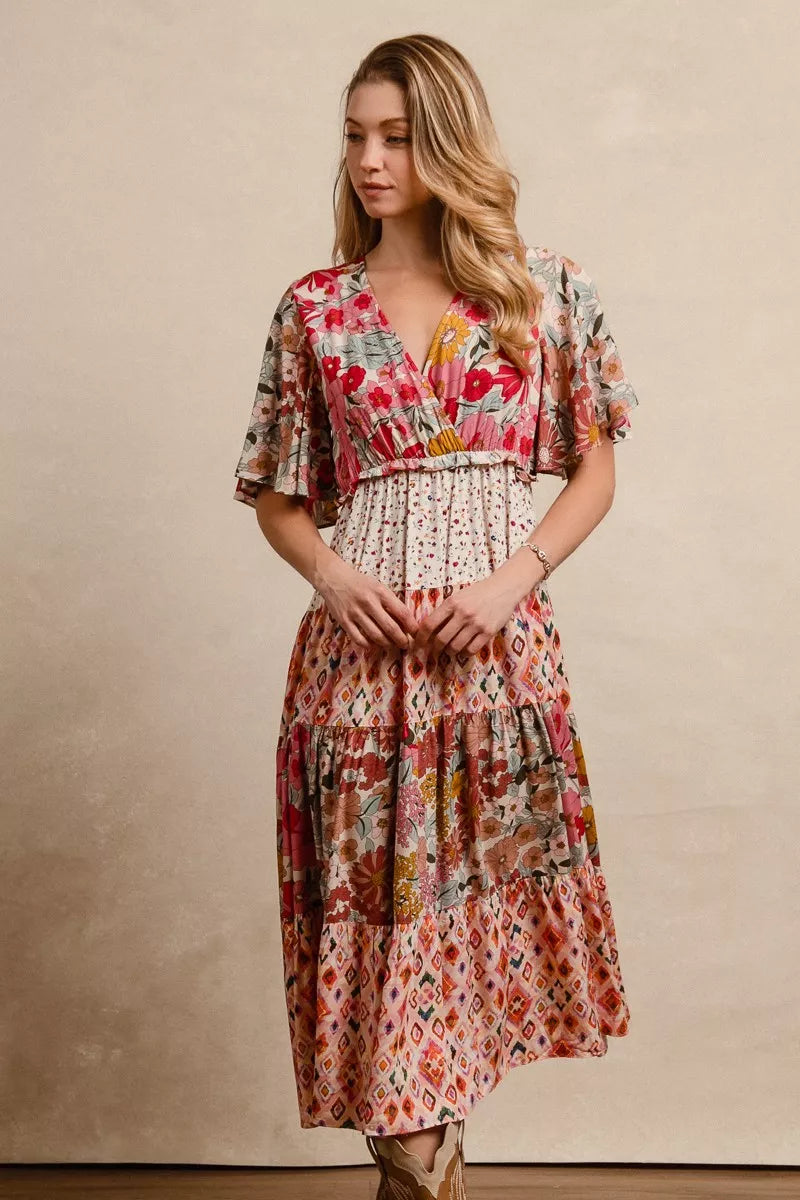 Bibi Floral Print Mix Midi Dress