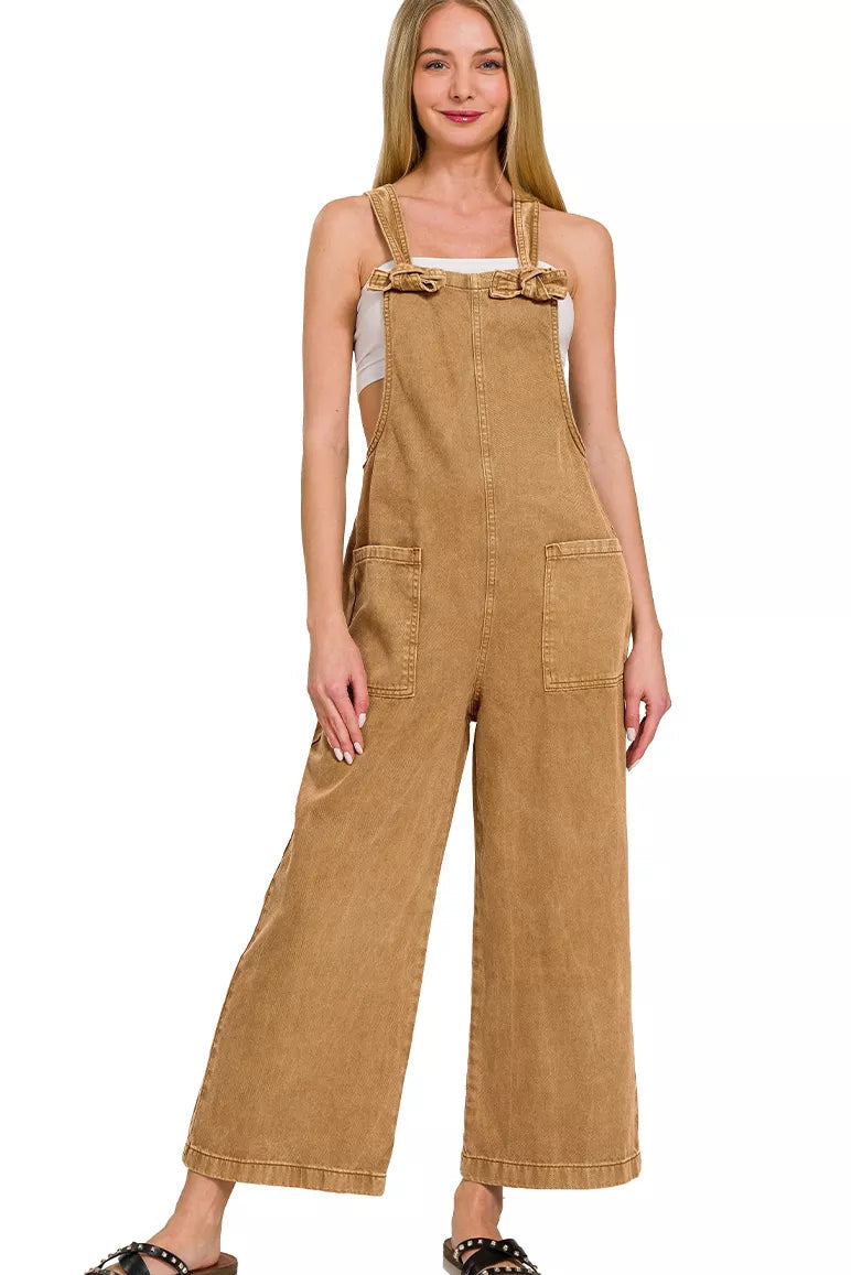 Washed Knot Strap Relaxed Fit Overalls in Deep Camel