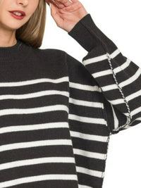 Zenana Black Stripe Exposed Seam Striped Oversized Sweater