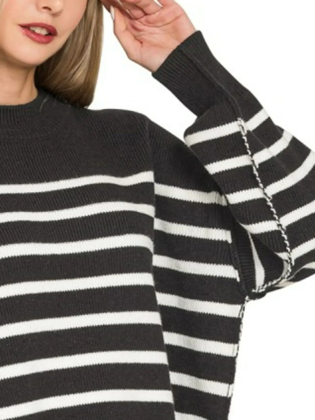 Zenana Black Stripe Exposed Seam Striped Oversized Sweater