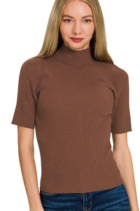 Zenana Viscose Ribbed Mock Neck Sweater Knit Top in Brown