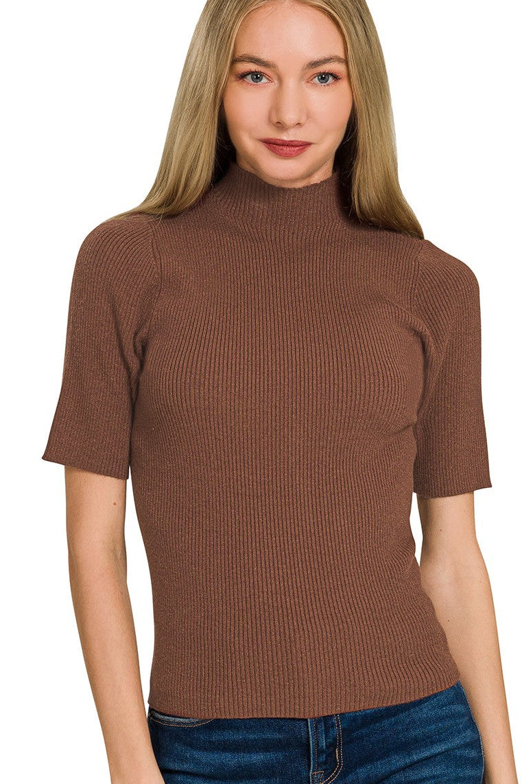 Zenana Viscose Ribbed Mock Neck Sweater Knit Top in Brown
