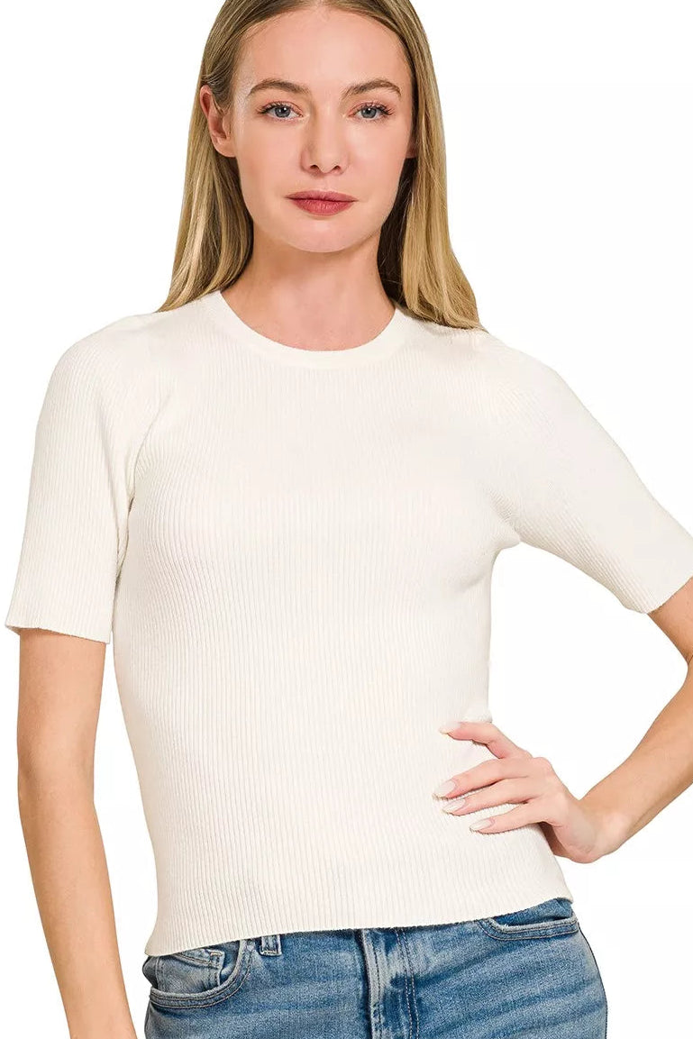Zenana Viscose Ribbed Mock Neck Sweater Knit Top in Ivory