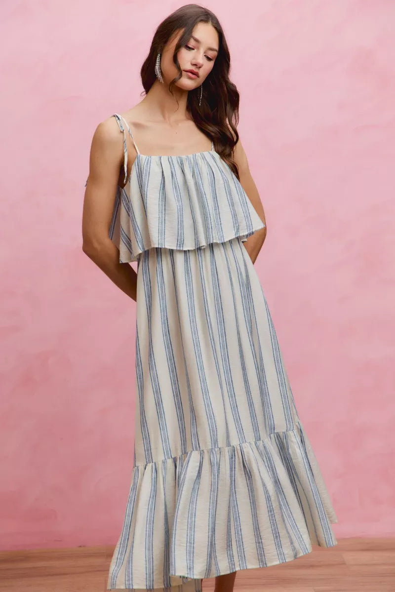 So Me Nautical Stripe Tiered Shoulder Tie Midi Dress