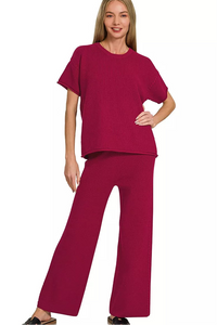Sweater Knit Short Sleeve Top & Pants Set in Cabernet