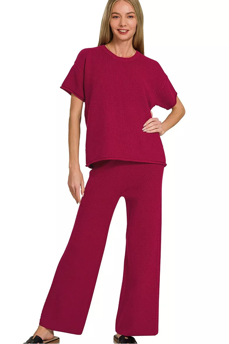 Sweater Knit Short Sleeve Top & Pants Set in Cabernet