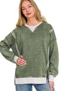 Zenana Fleece Acid Washed Contrast Trim Pullover Sweatshirt in Army Green