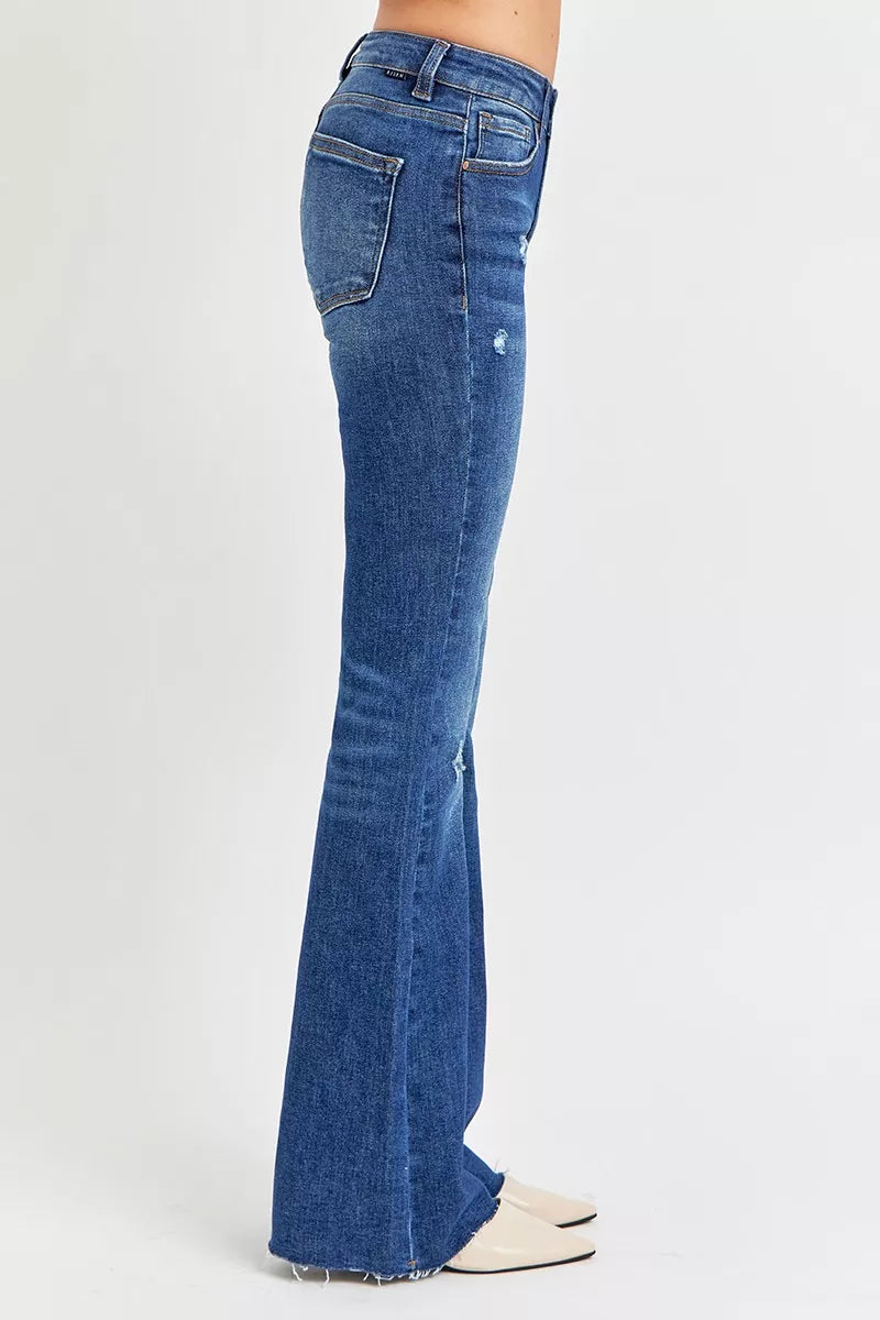 Risen Mid Rise Subtle Distressed Dark Wash Flare Jeans
