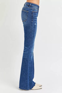 Risen Mid Rise Subtle Distressed Dark Wash Flare Jeans