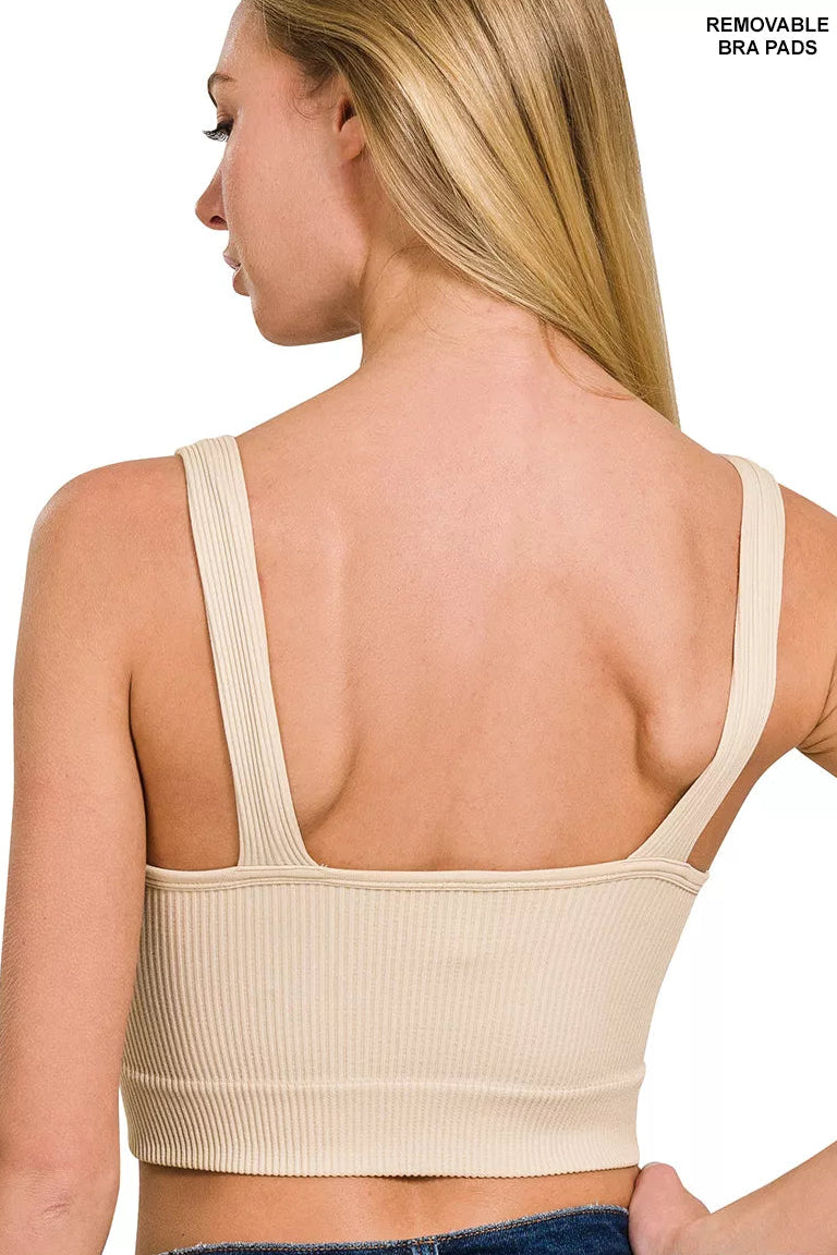 Zenana Seamless Ribbed Cropped Bra Padded V-Neck Tank in Sand Beige