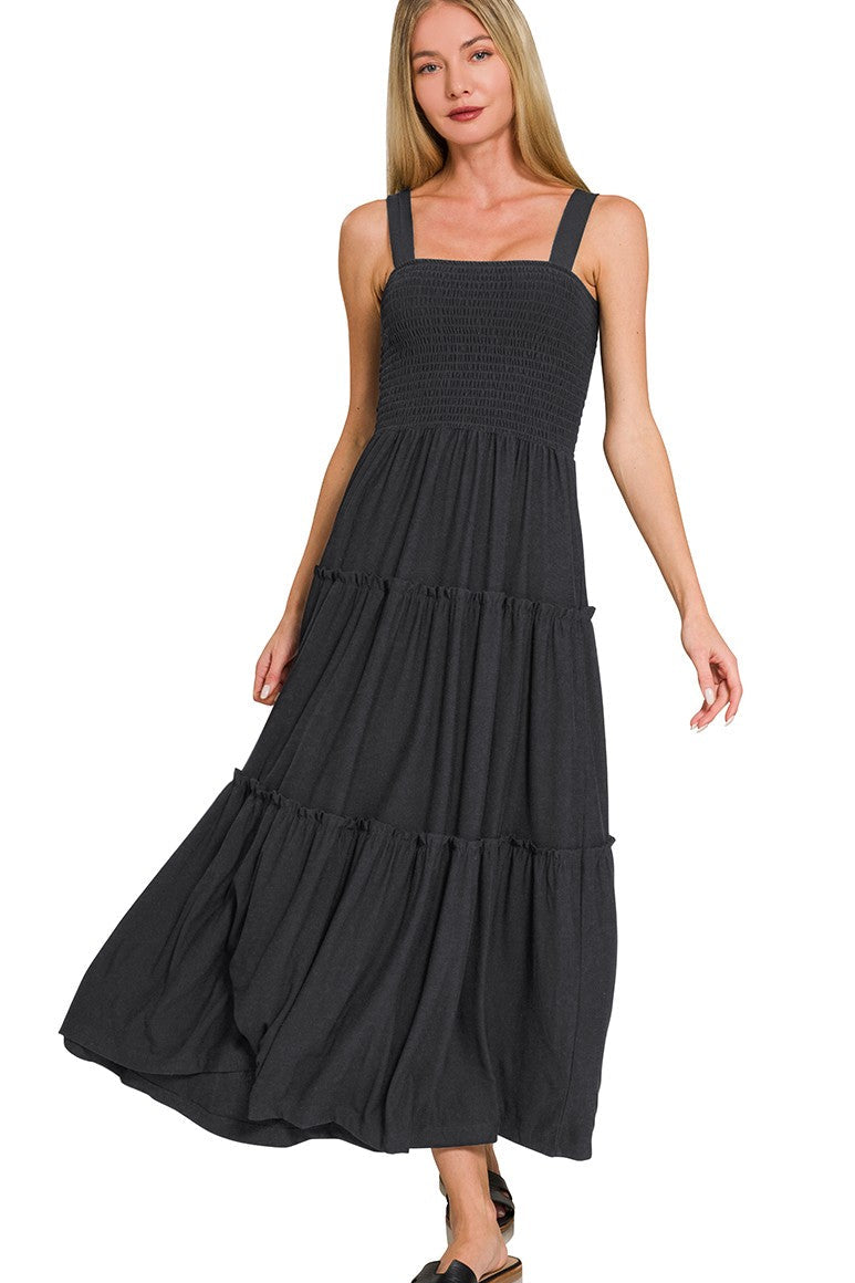 Zenana Smocked Tiered Midi Dress in Black