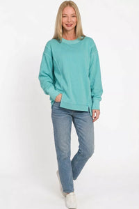 Zenana Pigment Dye Exposed-Seam Fleece Sweatshirt in Turquoise