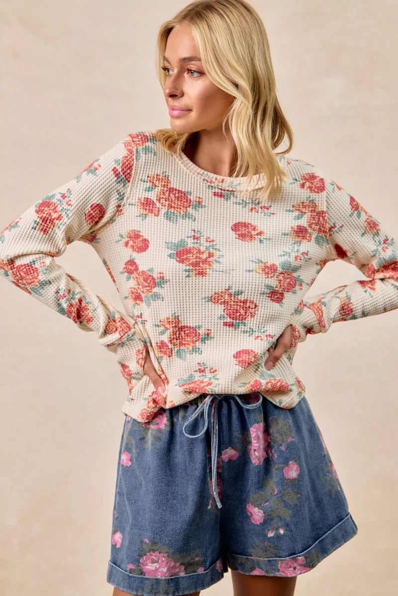 Bibi Floral Print Washed Waffle Knit Thermal Top