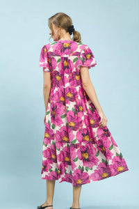 Umgee Pink Tropical Floral Flutter Sleeve Tiered Midi Dress