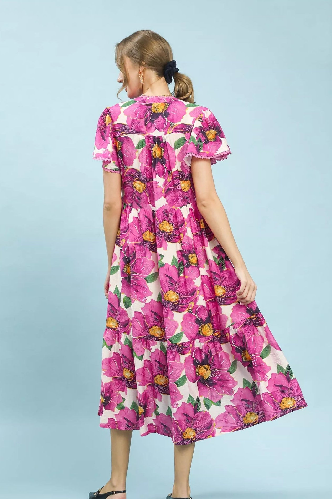 Umgee Pink Tropical Floral Flutter Sleeve Tiered Midi Dress