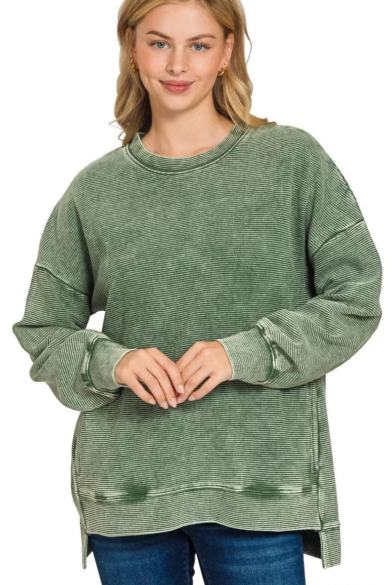 Zenana Acid Washed Double Ribbed Sweatshirt in Dark Green