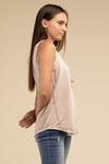 Washed Half-Button Raw Edge Sleeveless Henley Tank