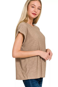 Zenana Slub Knit Cuffed Sleeve Tee in Ash Mocha