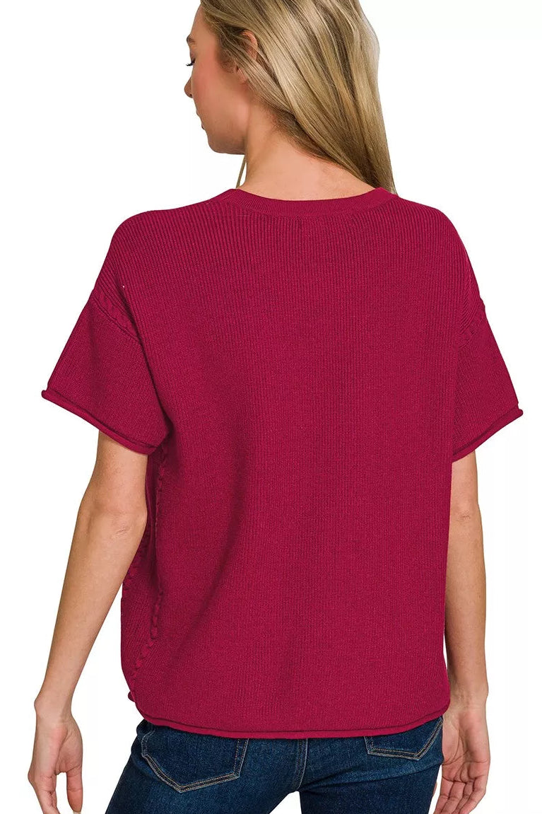 Sweater Knit Short Sleeve Top & Pants Set in Cabernet