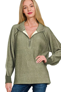 Zenana Ribbed Two Tone Half Zip Sweater in Dark Olive 