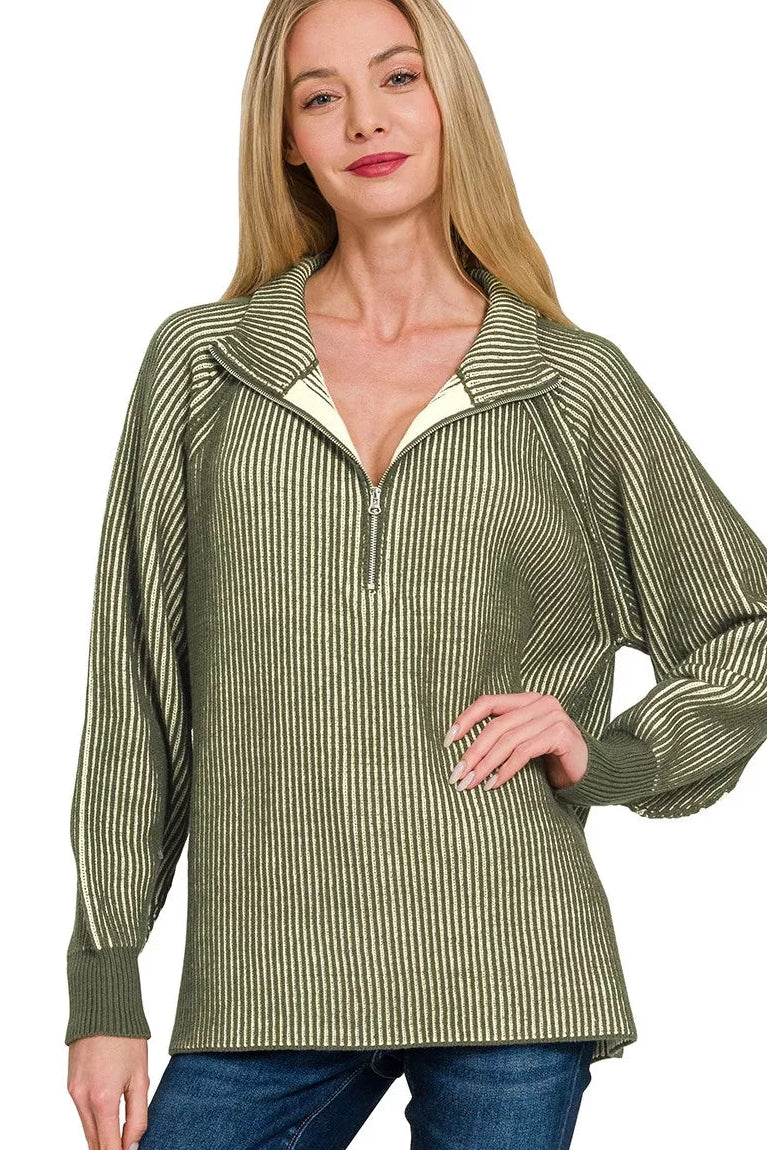 Zenana Ribbed Two Tone Half Zip Sweater in Dark Olive 