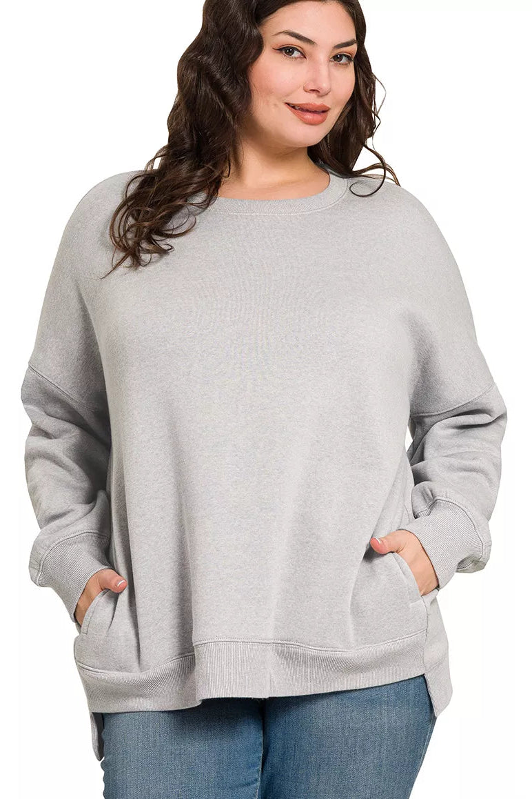 Fleece Hi-low Boyfriend Sweatshirt with Pockets - Heather Grey