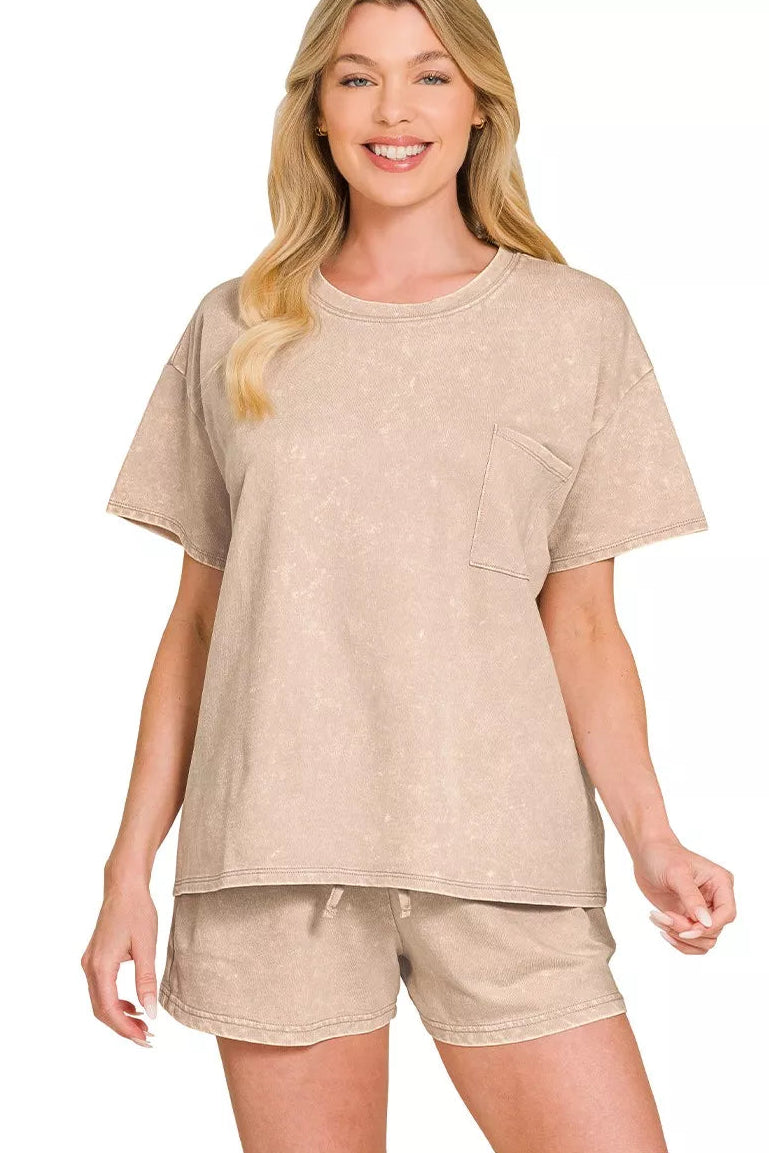 Zenana French Terry Acid Washed Relaxed Top & Shorts Set