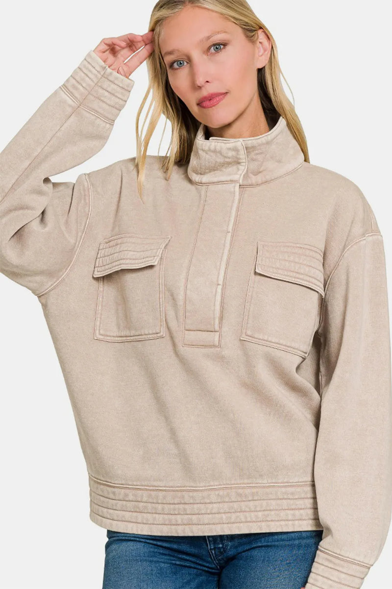 Zenana Acid Washed Half Snap Fleece Sweatshirt in Ash Mocha