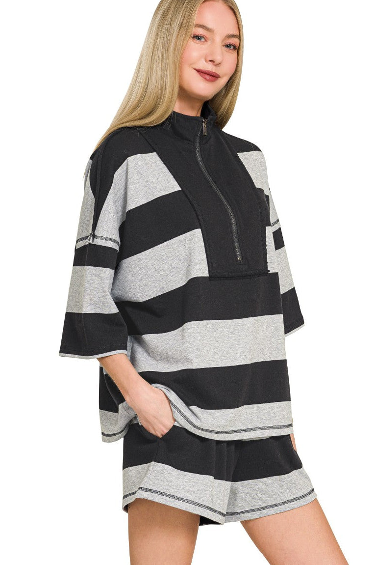Zenana French Terry Striped Half Zip Top & Shorts Set