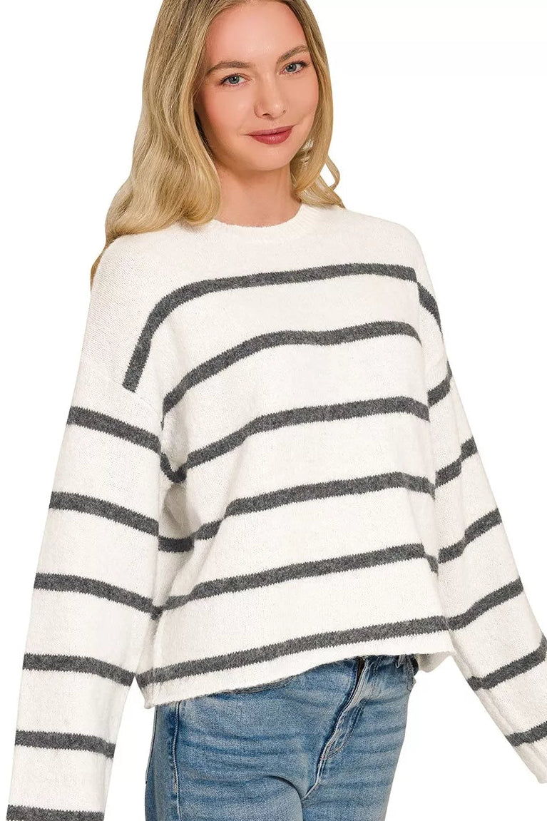 Zenana Striped Sweater in Charcoal