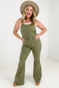 Judy Blue Olive Green Tummy Control Flare Overalls