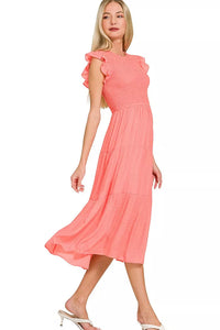 Woven Smocked Ruffle Sleeve Midi Dress in Coral