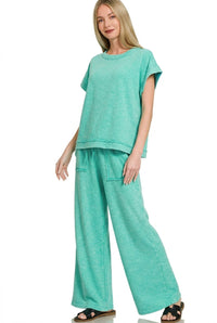 Zenana Cotton Slub Short Sleeve Tee and Pants Set in Turquoise