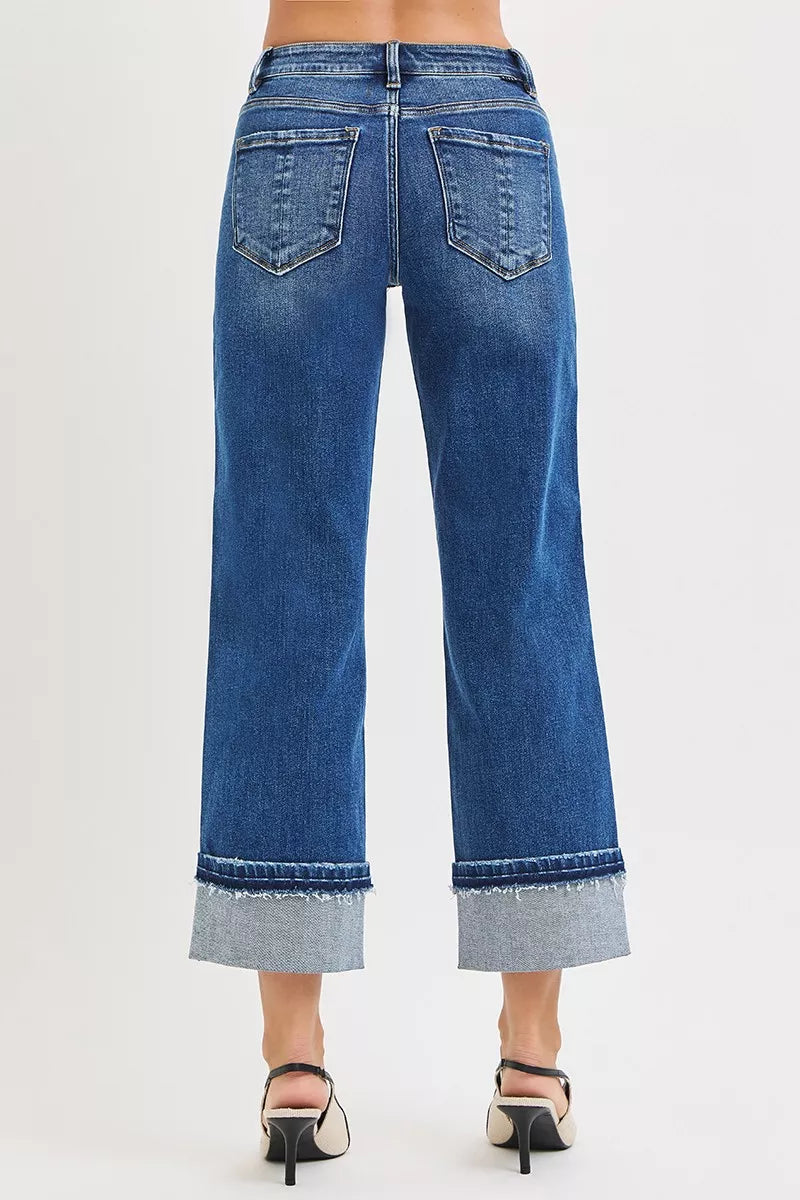 Risen Mid Rise Ankle Straight Cuffed Jeans