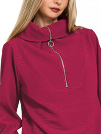 Ribbed High Neck Half Zip Pullover & Pants Set in Cabernet