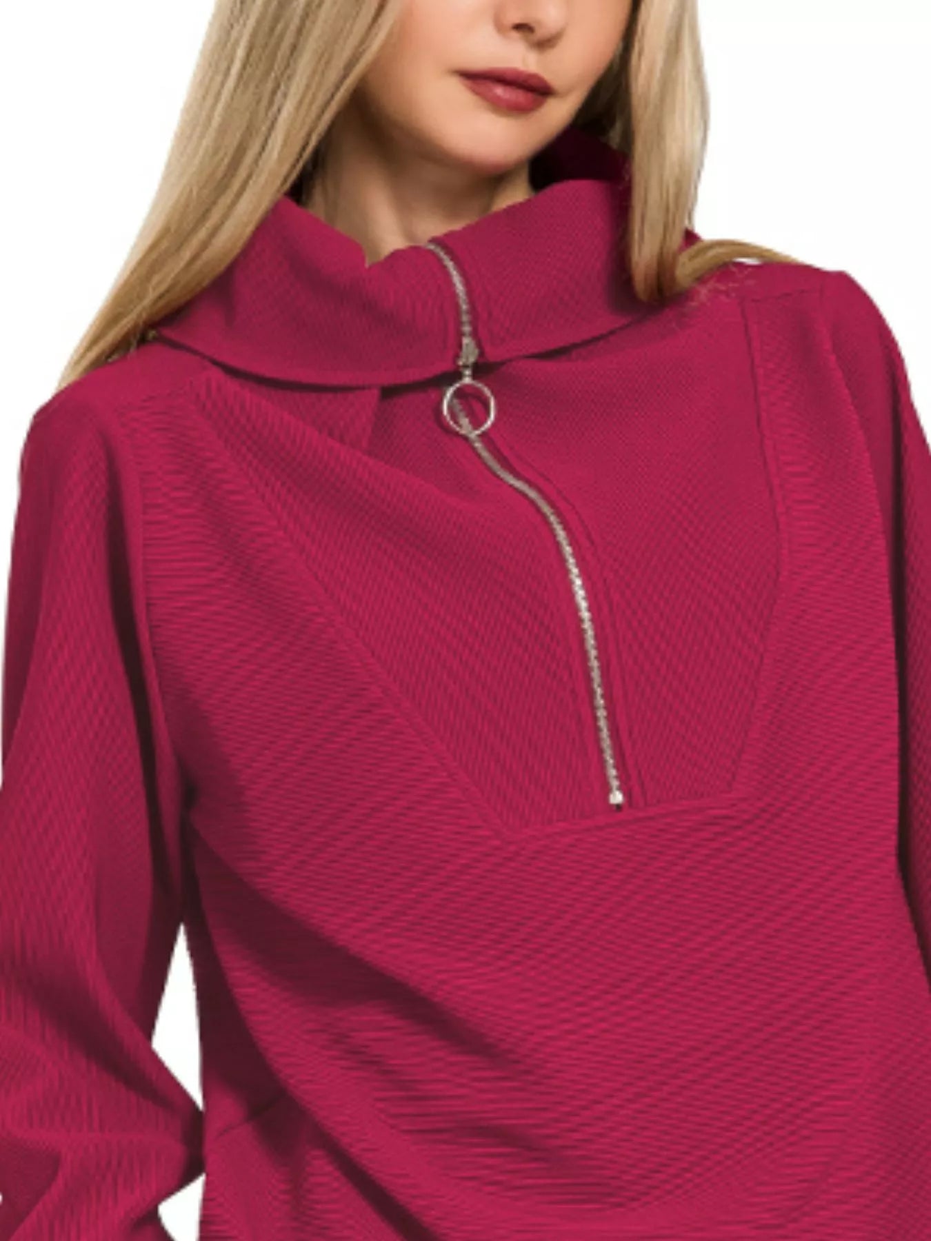 Ribbed High Neck Half Zip Pullover & Pants Set in Cabernet