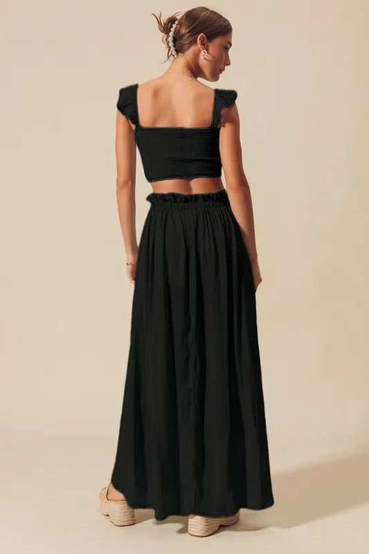 Smocked Top and Flowy Maxi Skirt Set in Black
